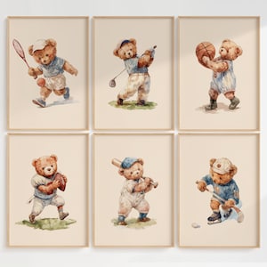 Set von 6 Vintage Teddybär Sport Wandkunst, Babyshower Geschenk Junge, Aquarell Illustrationen, Sport Kinderzimmer Thema Dekor für Kinderzimmer