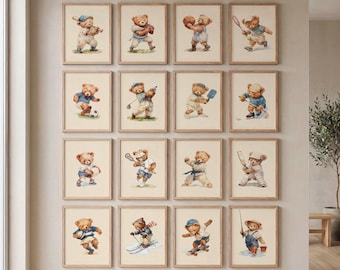 Vintage Teddy Bear Sports Nursery Wall Art, 16 Printables for Baby Boy Decor, Instant Download