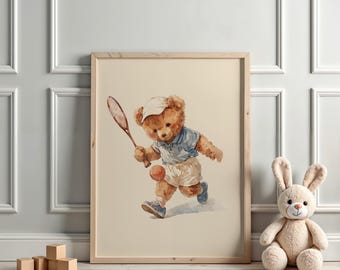 Vintage Tennis Teddy Bear Wall Art, Watercolor Illustration of a Bear Playing Tennis, Retro Decor for Kids Room, Nursery, or Sports Fans