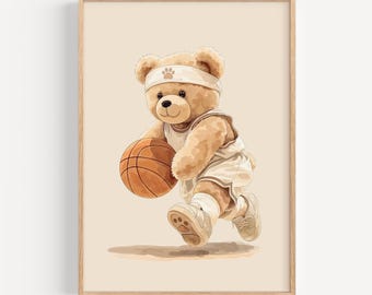 Vintage Teddy Bear Basketball Poster, Printable Sports Nursery Wall Art, Neutral Room Decor, Digital Download