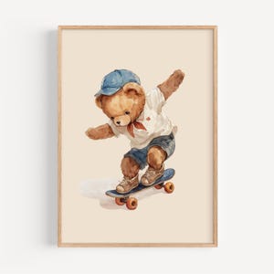 Retro skateboarden beer kunst aan de muur, kinderkamer, aquarel illustratie, kinderdecor, afdrukbaar, direct downloaden