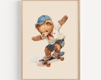 Retro skateboardbjörn väggkonst, barnrum, akvarell illustration, barndekor, utskrivbar, direktnedladdning