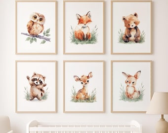 Woodland Animals Nursery Wall Art Set, Watercolor Forest Prints, Gender Neutral Baby Room Decor