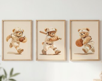 Sports Teddy Bear Nursery Wall Art Set of 3, Watercolor Football Basketball Baseball Prints for Kids Sports Room and Baby Sports Nursery