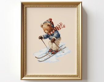 Vintage Skiing Teddy Bear Wall Art, Sports Nursery Theme, Sporty Watercolor Illustration, Boy Sports Room Decor, Ski Lover Gift