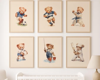 Teddy Bear Sports Nursery Wall Art Set of 6, Printable Watercolor Illustrations for Kids’ Rooms, Sports Themed Child Decor