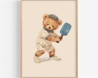 Vintage Pickleball Bear Wall Art, Watercolor Teddy Bear Playing Pickleball, Boys Room Decor, Baby Boy Nursery Print