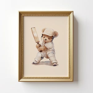Arte de pared imprimible de críquet para guardería, impresión deportiva de osito de peluche, decoración vintage para habitación de bebé.