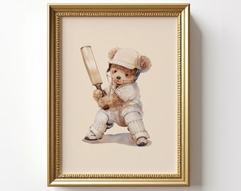 Cricket Nursery Wall Art Printable, Teddy Bear Sports Print, Boy Baby Room Decor Vintage