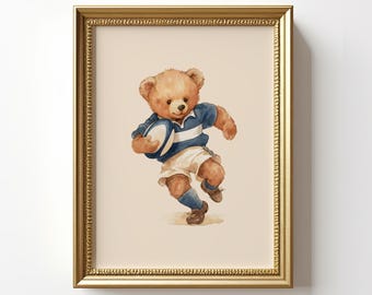 Vintage Rugby Player Teddy Bear Wall Art, Sports Nursery Theme, Sporty Watercolor Illustration, Rugby Lover Gift, Boy Sports Room Decor