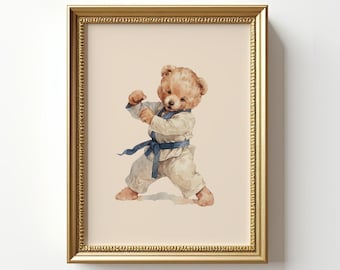 Karate Teddy Bear Wall Art, Watercolor Nursery Printable, Blue Belt Martial Arts, Baby Room Decor, Neutral Baby Shower Gift Digital Download