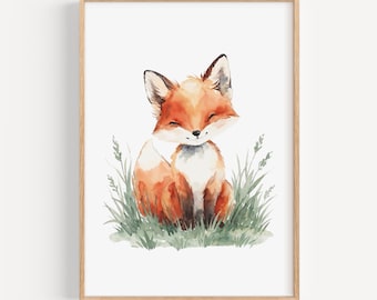 Fox Nursery Wall Art Printable, Watercolor Forest Animal Print, Gender Neutral Baby Room Decor
