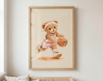 Vintage Teddy Bear Basketball Nursery Print, Printable Wall Art, Girl Room Decor