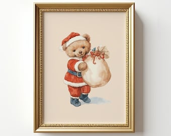 Teddy Bear Santa Claus Print, Vintage Christmas Wall Art, Festive Holiday Nursery Decor, Printable Christmas Gift