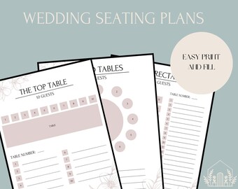 May include: Printable wedding seating chart templates with floral accents. The templates include a top table seating chart, round table seating chart, and rectangular table seating chart. The text "Easy Print and Fill" is in a circle at the top right corner of the image.