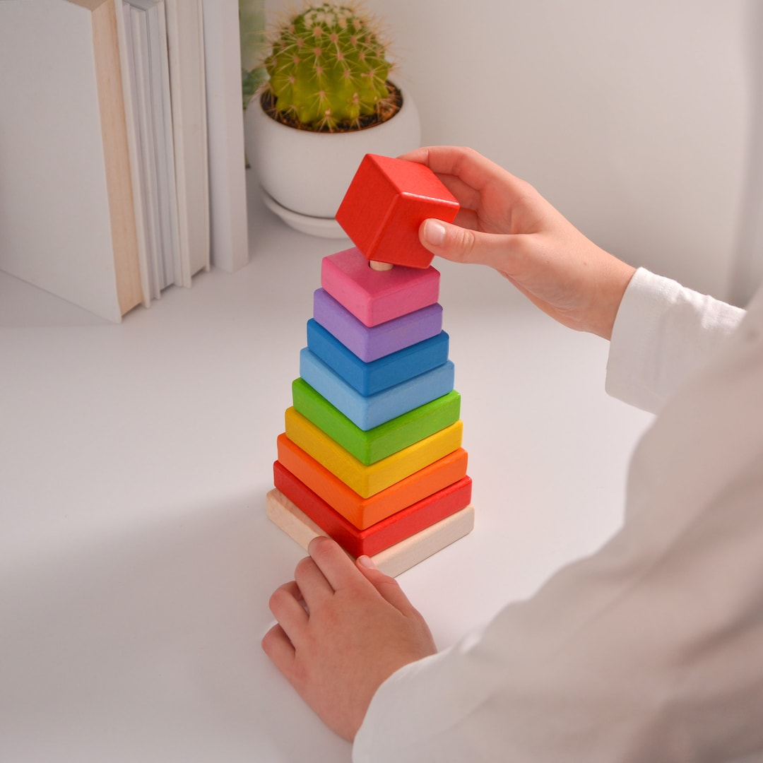 Wooden Stacking Toy Square Bright Colors Montessori Baby Toy Nursery ...