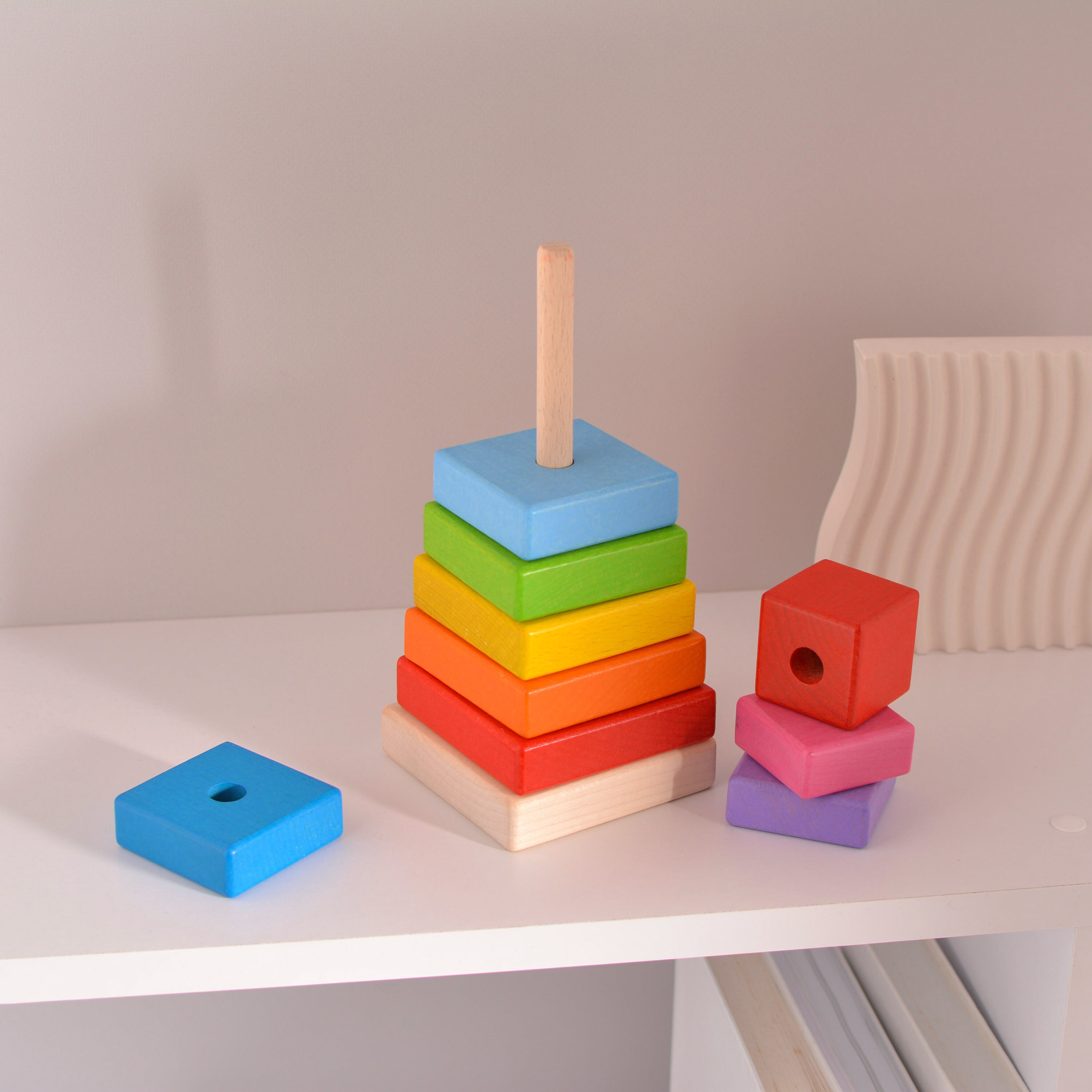 Wooden Stacking Toy Square Bright Colors Montessori Baby Toy Nursery ...