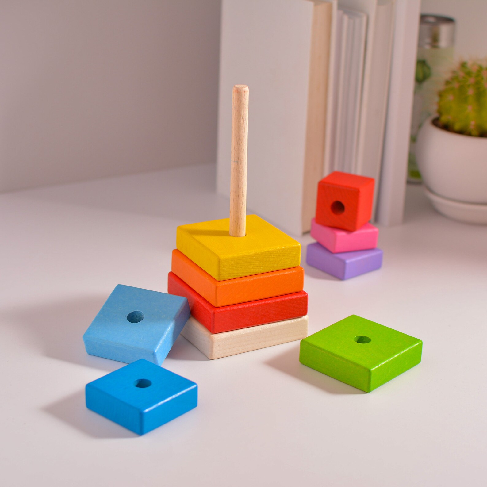 Wooden Stacking Toy Square Bright Colors Montessori Baby Toy Nursery ...