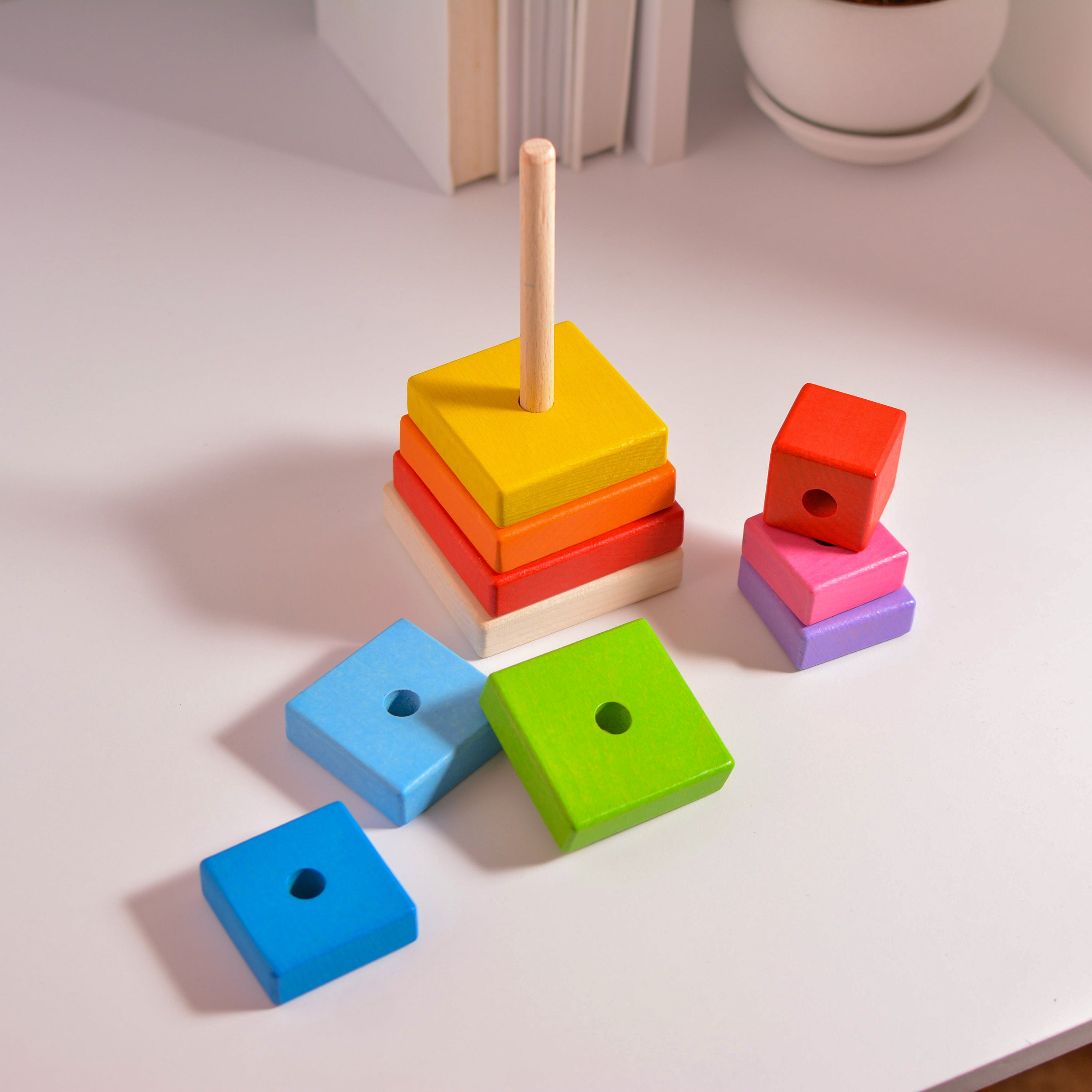 Wooden Stacking Toy Square Bright Colors Montessori Baby Toy Nursery ...