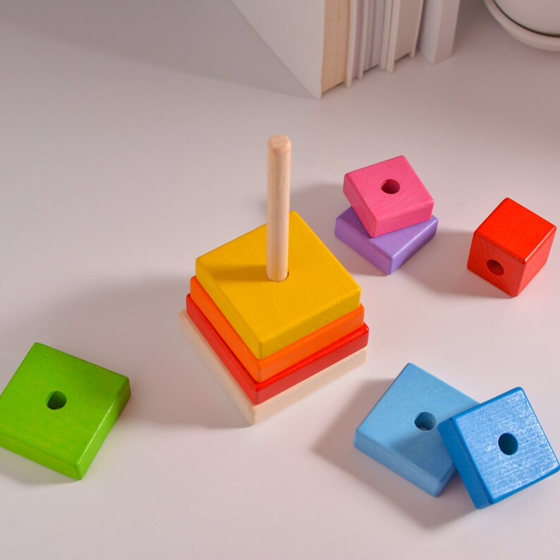 Wooden Stacking Toy Square Bright Colors Montessori Baby Toy Nursery ...