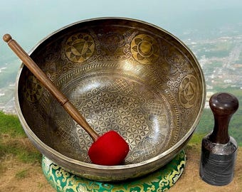 Ciotola tibetana incisa con fiore della vita: ciotola tibetana sonora extra large per la guarigione