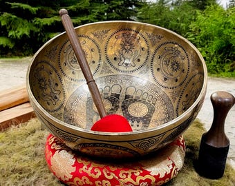 Hand-Hammered Tibetan Singing Bowl | Seven Sacred Metals, Buddha Footprints, Yoga Meditation