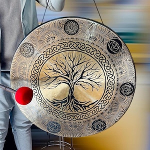 Handmade Tibetan Healing Gong: Sacred Carvings, Sound Therapy, Chakra Balance