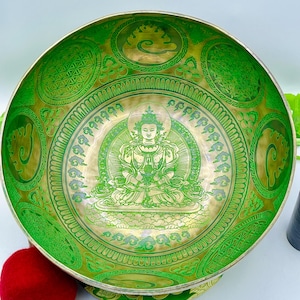 Nepalese Singing Bowl: 11 Inch Green Tara Carving, Sound Therapy