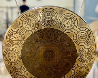 Gong Feng Shui para la sanación de chakras, hecho a mano: Gong de meditación y sanación sonora con geometría sagrada y sonido de profunda