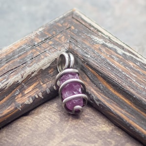 Ruby Corundum Crystal Gemstone, Oxidized Sterling Silver Wire Wrapped Mini Pendant Charm