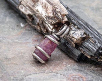 Ruby Corundum Crystal Gemstone Oxidized Sterling Silver Wire Wrapped Pendant Charm - Ready to Ship!