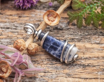 Sodalite Crystal Gemstone Oxidized Sterling Silver Wire Wrapped Pendant Charm - Ready to Ship!