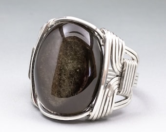 Golden Sheen Black Obsidian Sterling Silver Wire Wrapped Cabochon Ring – Optional Oxidation/Antiquing - Made to Order, Ships Fast!