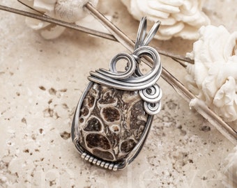 Turritella Agate Fossil Gemstone Oxidized Sterling Silver Wire Wrapped Pendant - Ready to Ship!