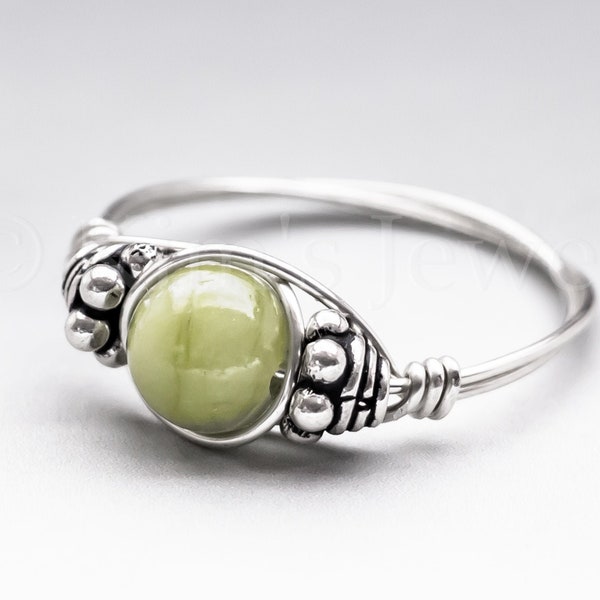 Green Connemara Marble from Ireland Bali Sterling Silver Wire Wrapped Gemstone BEAD Ring - Made to Order, Ships Fast!