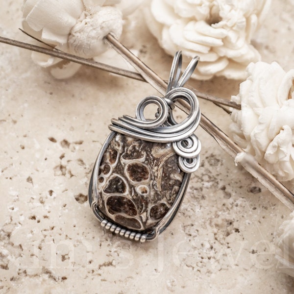 Turritella Agate Fossil Gemstone Oxidized Sterling Silver Wire Wrapped Pendant - Ready to Ship!