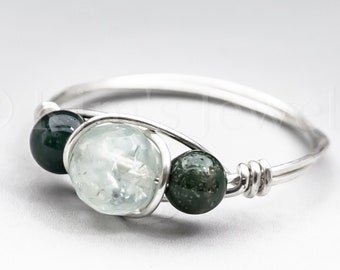 Aquamarine Faceted & Bloodstone Sterling Silver Wire Wrapped Gemstone BEAD Ring - Made to Order, Ships Fast!