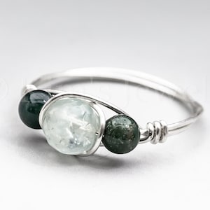 Aquamarine Faceted & Bloodstone Sterling Silver Wire Wrapped Gemstone BEAD Ring Made to Order, Ships Fast image 1