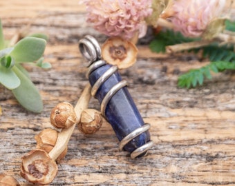 Sodalite Carved Crystal Gemstone Oxidized Sterling Silver Wire Wrapped Pendant Charm - Ready to Ship!