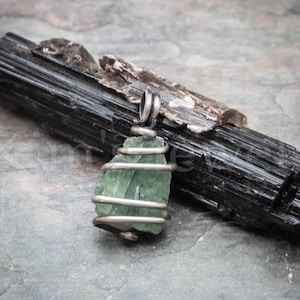 Green Kyanite Crystal Gemstone, Oxidized Sterling Silver Wire Wrapped Mini Pendant Charm - Ready to Ship