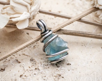 Blue Fluorite Gemstone Oxidized Sterling Silver Wire Wrapped Pendant Charm - Ready to Ship!