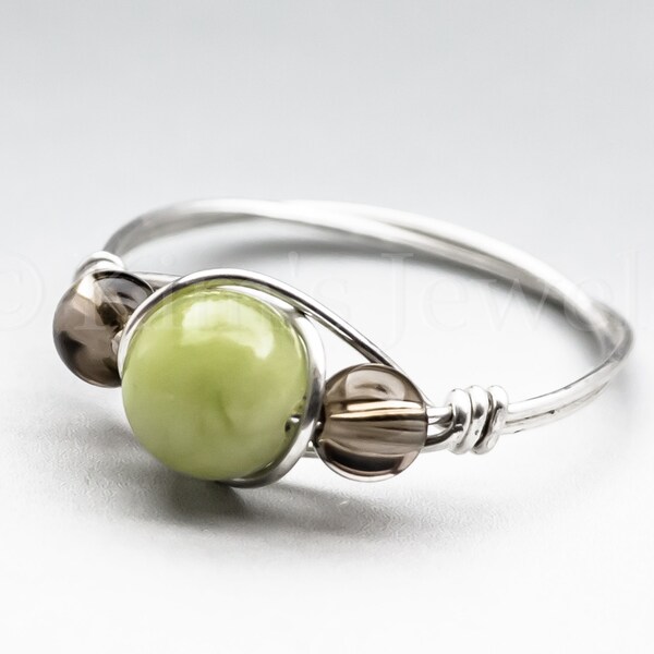 Green Connemara Marble from Ireland & Smoky Quartz Sterling Silver Wire Wrapped Gemstone BEAD Ring - Made to Order, Ships Fast!