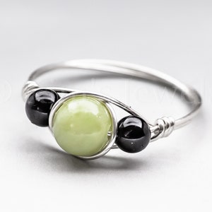 Green Connemara Marble from Ireland & Black Schorl Tourmaline Sterling Silver Wire Wrapped Gemstone BEAD Ring - Made to Order, Ships Fast!