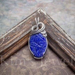 Lapis Lazuli Carved Flower Gemstone Oxidized Sterling Silver Wire Wrapped Pendant - Ready to Ship!