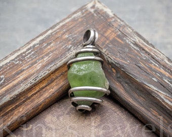 Peridot w/Ludwigite Crystal Gemstone Oxidized Sterling Silver Wire Wrapped Pendant Charm - Ready to Ship!