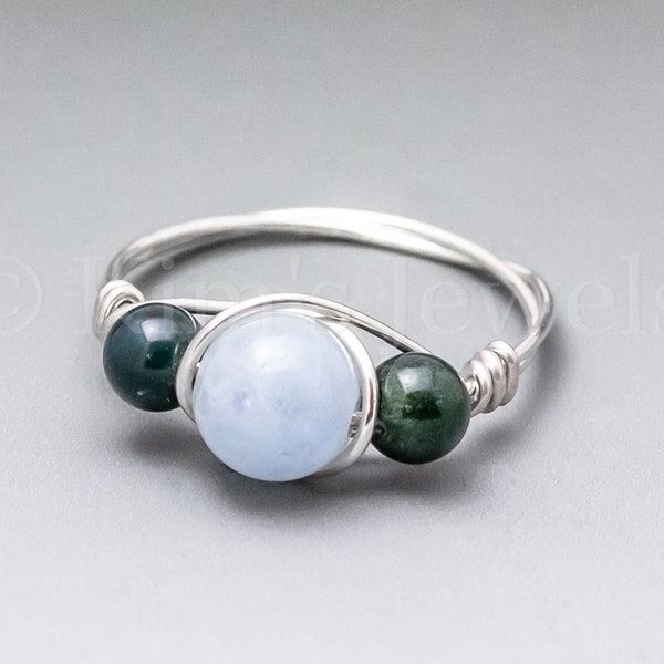 Aquamarine & Bloodstone Sterling Silver Wire Wrapped Gemstone BEAD Ring - Made to Order, Ships Fast!