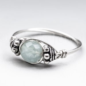 Aquamarine Faceted Bali Sterling Silver Wire Wrapped Gemstone BEAD Ring - Made to Order, Ships Fast!