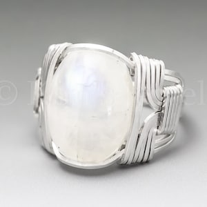 Rainbow Moonstone Sterling Silver Wire Wrapped Cabochon Ring, Made to Order