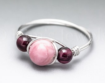 Rhodochrosite & Pyrope Garnet Sterling Silver Wire Wrapped Gemstone BEAD Ring - Made to Order, Ships Fast!