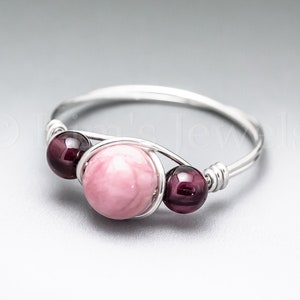 Rhodochrosite & Pyrope Garnet Sterling Silver Wire Wrapped Gemstone BEAD Ring Made to Order, Ships Fast image 1